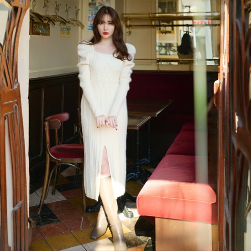 Her lip to 波伦比亚修身绞花针织连衣裙 小众修身显瘦设计感气质