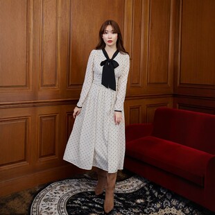 Her lip to 爱心波点蝴蝶结雪纺连衣裙 复古优雅气质甜美系带