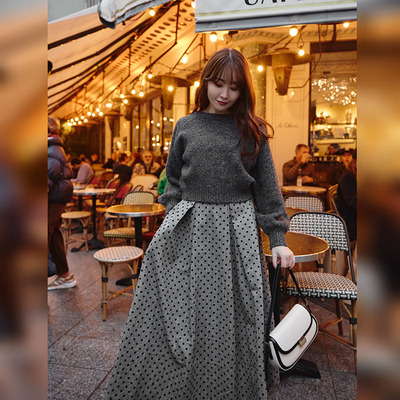 【年货狂欢】Her lip to 花呢植绒波点长裙 日式高腰A字裙气质