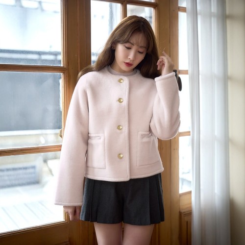 Her lip to 洛桑羊毛短外套 短款时尚秋冬小香风圆领粉色高级感