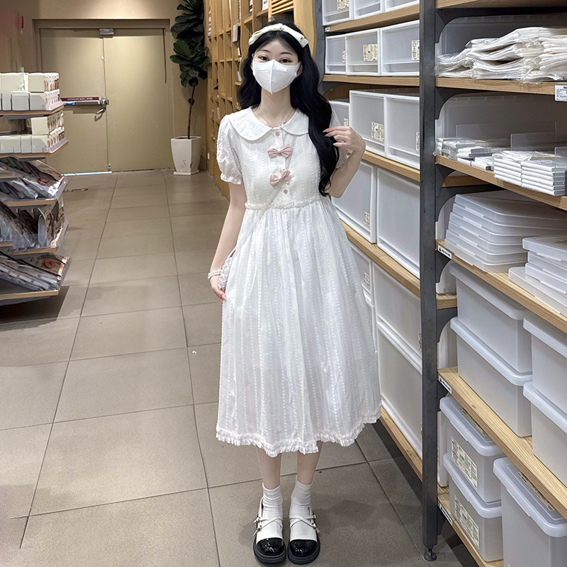 高中女生甜美气质连衣裙夏季白色裙子初中学生温柔风娃娃领中长裙