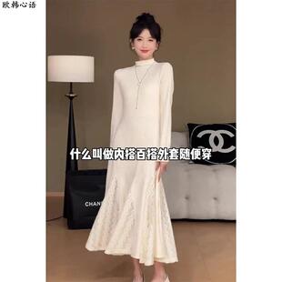 配大衣连衣裙女秋冬法式 气质蕾丝拼接半高领高级感内搭打底长裙子