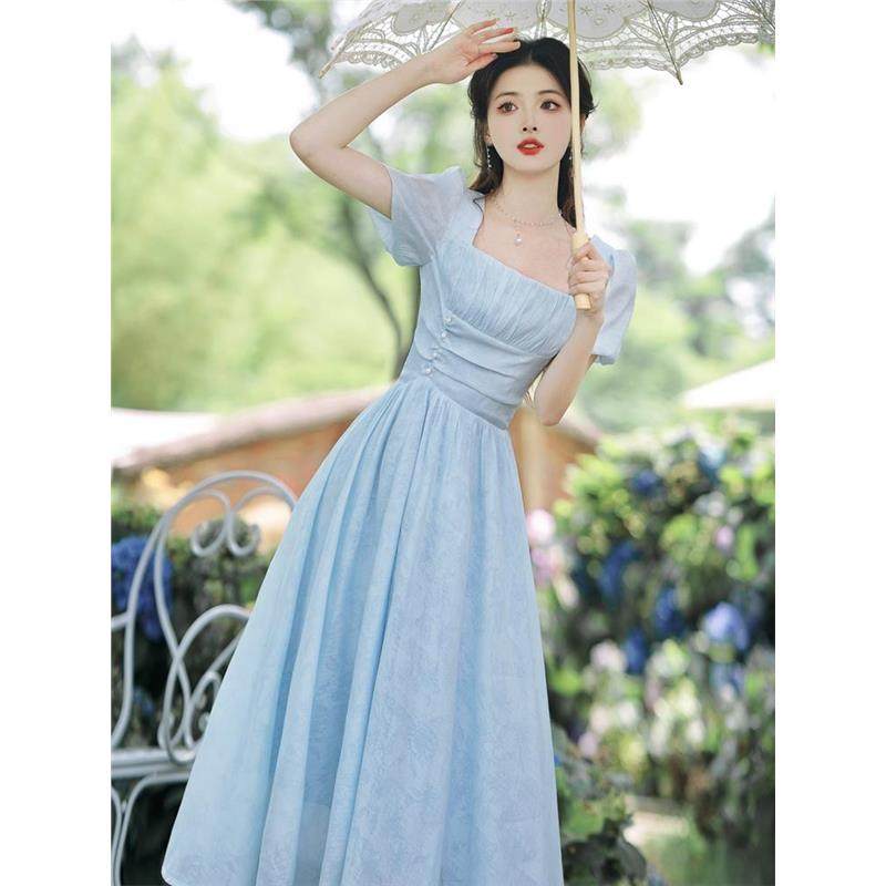 夏日多巴胺2025新款法式蓝色雪纺连衣裙精致漂亮绝美长裙子超仙女,女装/女士精品,连衣裙,淘宝优惠券,粉丝福利购,淘宝优惠卷