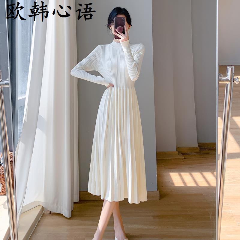 配大衣半高领针织连裙女秋