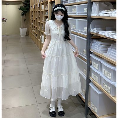 高中生甜美气质连衣裙夏时尚少女初中学生温柔风洋气娃娃领中长裙