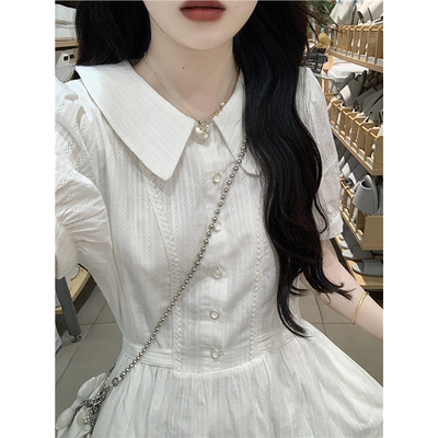 少女学院风白色泡泡袖连衣裙2025夏装新款初高中学生气质收腰长裙