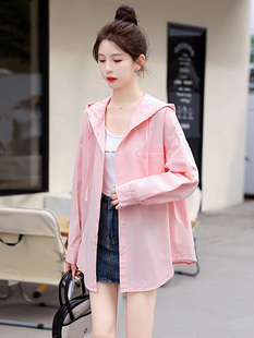 衬衣 单口袋休闲防晒衣开衫 粉色连帽纯棉衬衫 薄外套女2025春夏新款