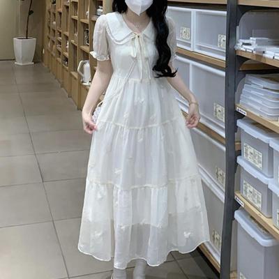 初中高中学生杏色连衣裙女生夏季新款少女大童仙女裙过膝长裙显瘦