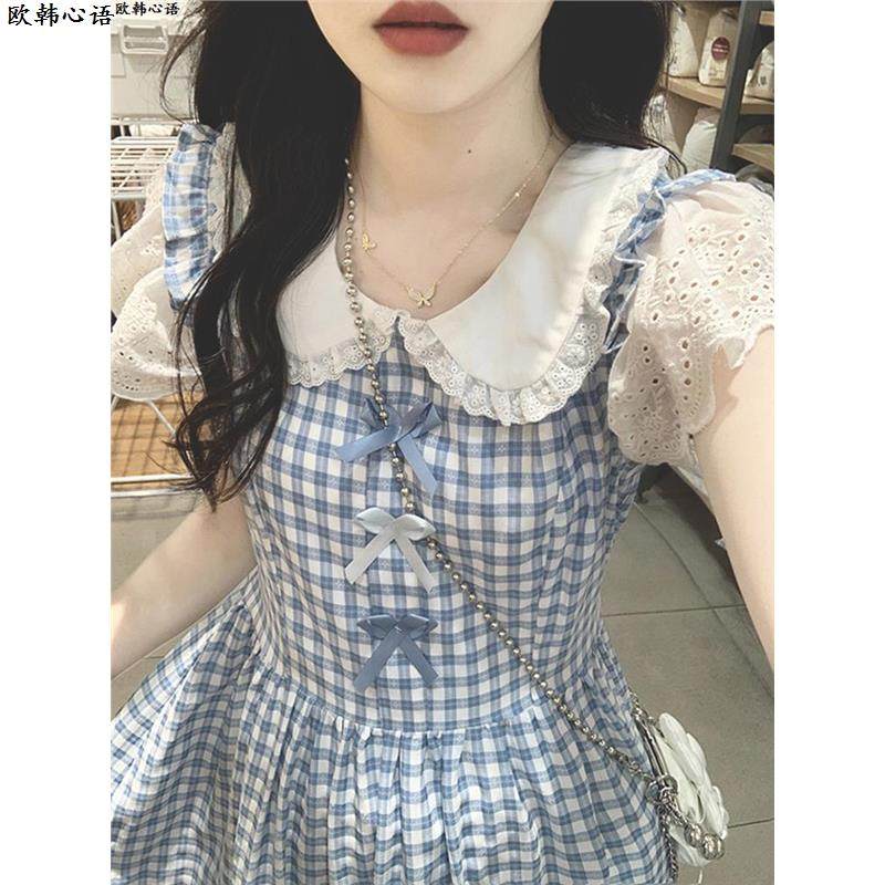 茶歇法式格纹连衣裙女夏季
