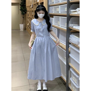 新款 少女复古蓝色娃娃领连衣裙2025夏季 初高中学生甜美学院风长裙
