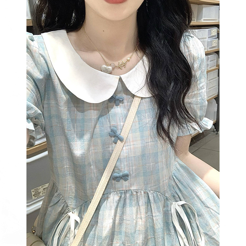 娃娃领短袖连衣裙少女生夏装2025新款初中高中学生甜美格子长裙子