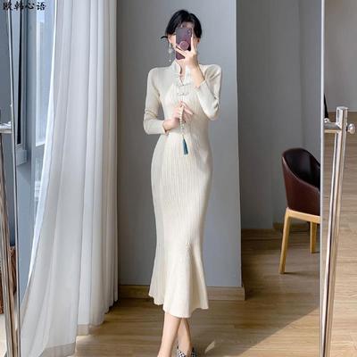 新中式杏色针织连衣裙女绝