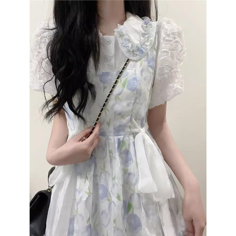 少女学院风娃娃领碎花连衣裙2025夏装新款初中高中学生收腰长裙