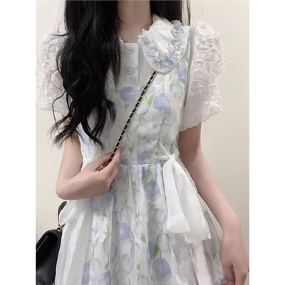 少女学院风娃娃领碎花连衣裙2025夏装新款初中高中学生收腰长裙