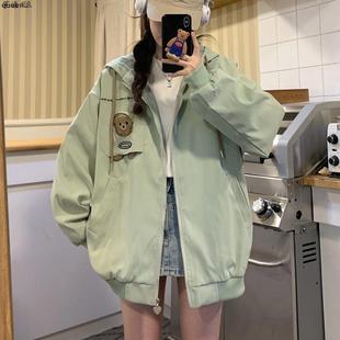 小熊刺绣风衣外套少女春秋装初高中学生学院风设计感连帽夹克上衣