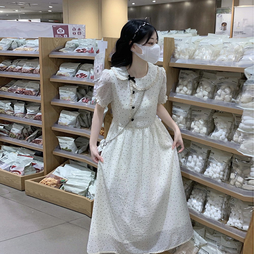 法式复古连衣裙女夏2025新款甜美花边娃娃领可爱少女显瘦波点长裙