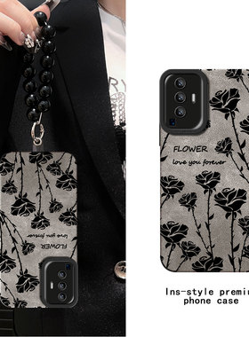 适用VIVOX50/x60pro黑色玫瑰x27/x30贴皮壳y33s/y70s手机壳s7/s9新款s10/s12pro防摔iqooneo8/neo9高级s17/y3