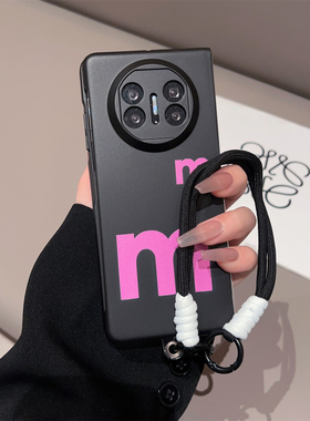 适用于【华为pockets】粉色英文m金属漆折叠创意支架手机壳黑色趣味简约高级手绳超薄防摔支架手机保护套新款