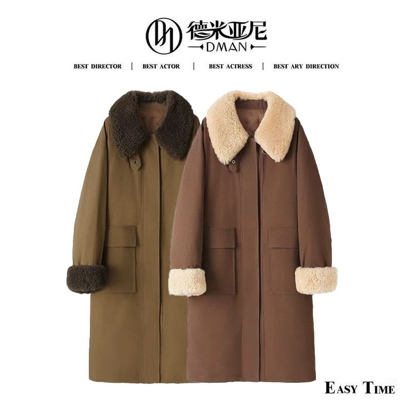 【米公子】90白鸭绒中长款女士羽绒服，拼接羊皮毛一体