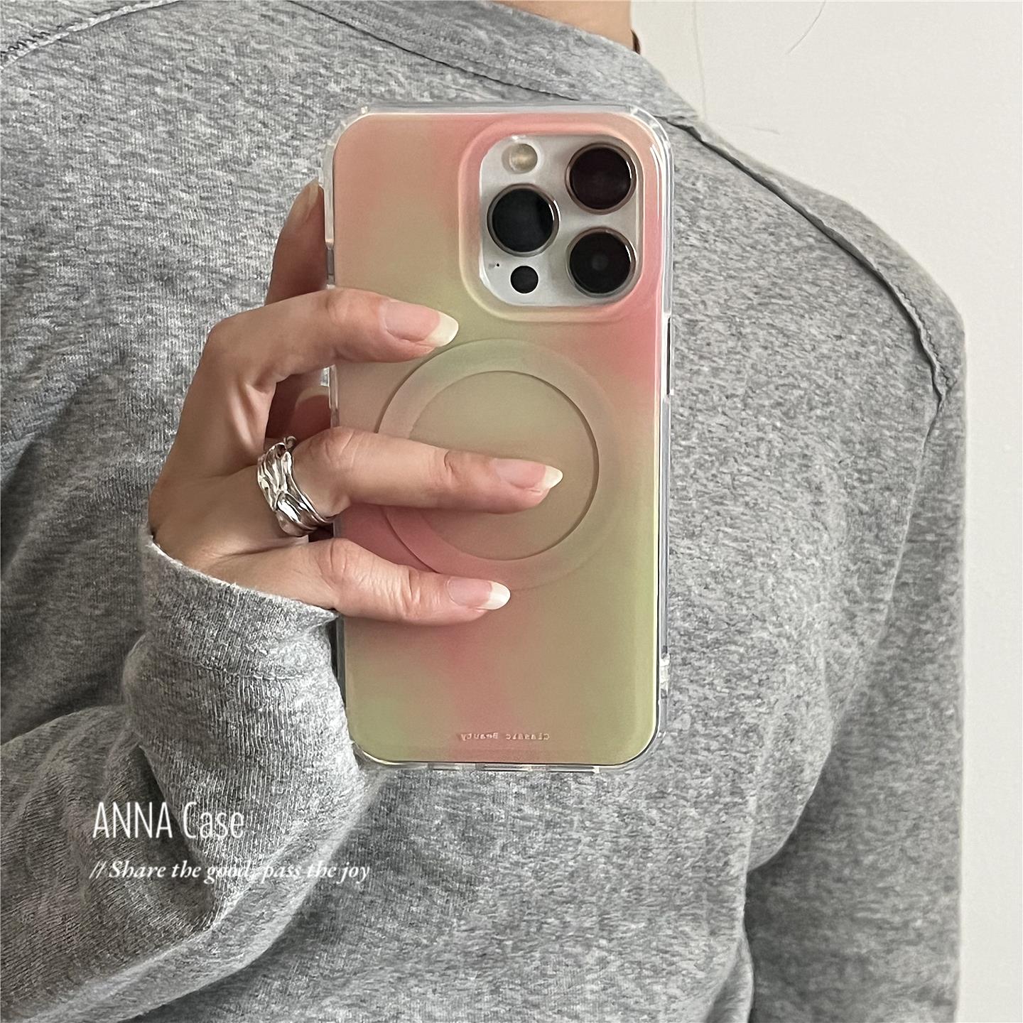 ANNACASE高级感艺术晕染橘绿色磁吸手机壳适用iphone16promax苹果15光面14新款16pro软壳13Promax防摔保护套
