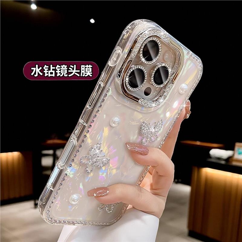 适用苹果16promax手机壳iphone15新款水钻镜头膜14pm珍珠蝴蝶贝壳纹13气囊防摔12相机按键全包高级好看外壳女