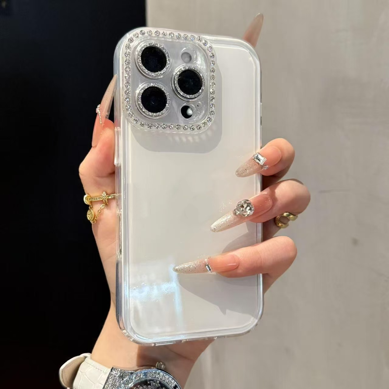 适用于苹果15promax手机壳高级ins风撞色果冻亮面iPhone16promax高颜值白色14男女款13全包15防摔16pro镶钻12