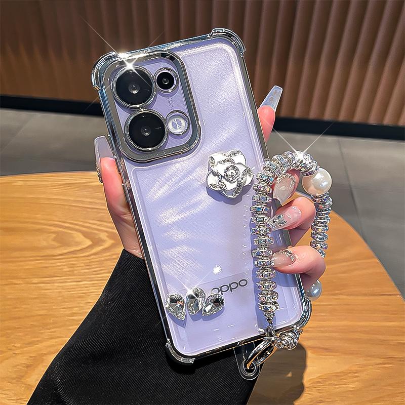 闪钻山茶花适用opporeno13手机壳新款reno13pro带镜头膜电镀气囊四角防保护套女生奢华高级感透明外壳手提链