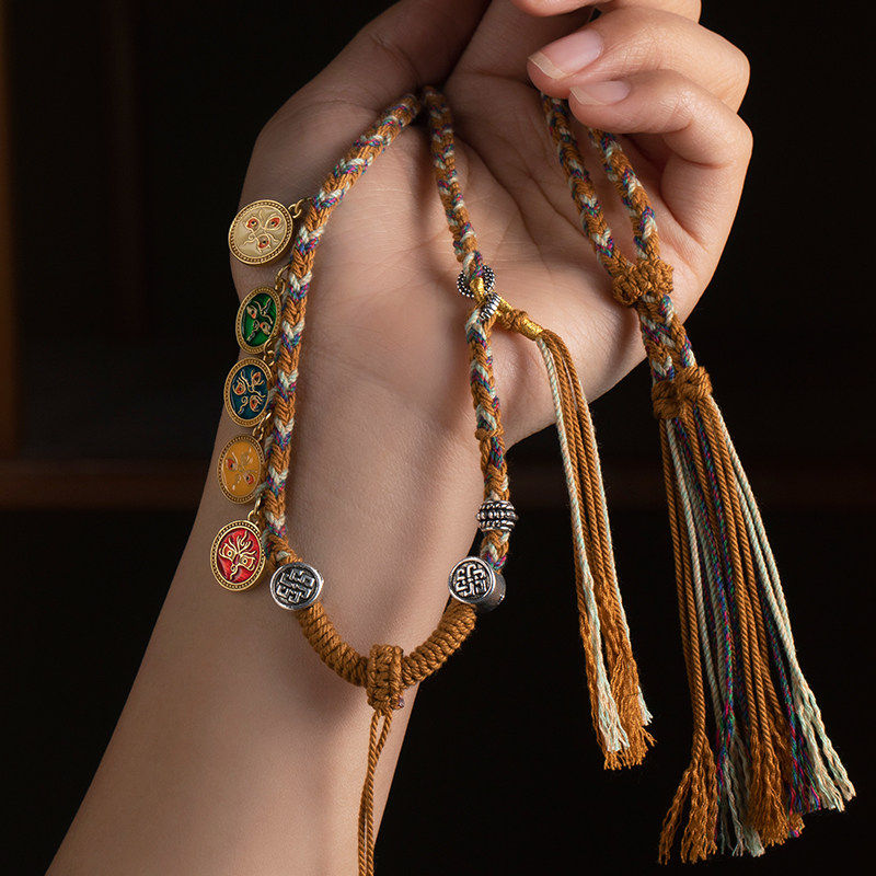 五路财神唐卡项链绳手工编织藏式天珠挂链绳手搓棉线锁骨链吊坠绳