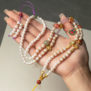 寄予天然淡水珍珠多宝项链绳子女古法金毛衣链翡翠玉黄金吊坠挂绳