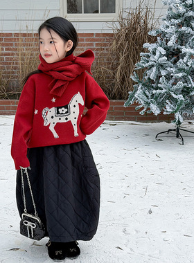 Yumi妈儿童冬季新年毛衣女童宝宝红色小马韩版提花针织上衣25M152