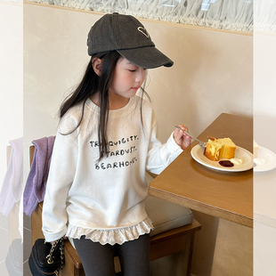 Yumi妈女童秋装 字母25F031 休闲气质甜美蕾丝花边儿童拼接打底衫