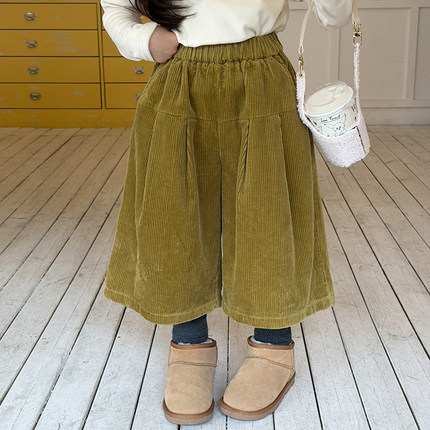 Yumi妈冬季新品儿童加厚保暖女童复古假两件宽松灯芯绒裤子25K055