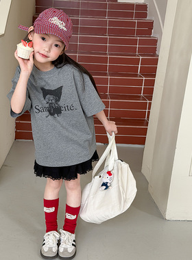 Yumi妈女童2026夏季新款美式宽松休闲半袖卡通小猫T恤短袖26A024