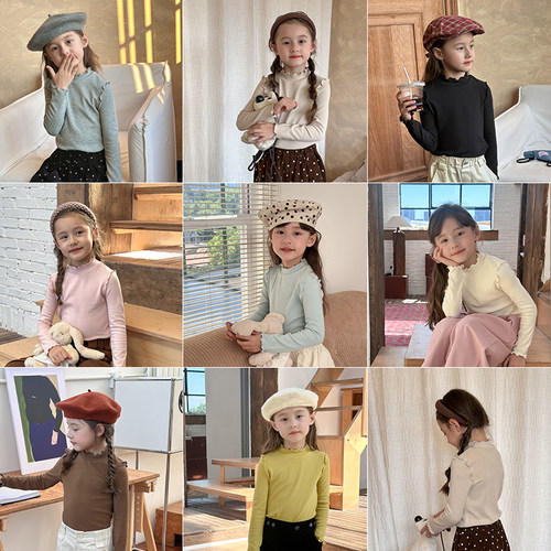 Yumi妈  儿童秋季新款内搭上衣女童甜美木耳花边打底衫   24X036