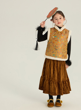 Yumi妈女童拜年服马甲冬季中国风旗袍裙新中式夹棉背心裙25M195