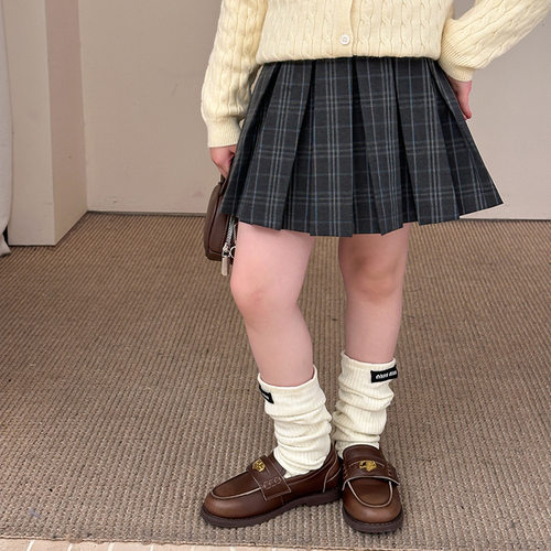 女童甜美可爱百褶裙毛呢格子半身