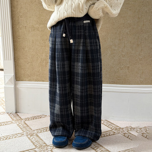 Yumi妈冬季儿童复古格子贴标加绒直筒裤女童压褶格纹休闲裤25H067