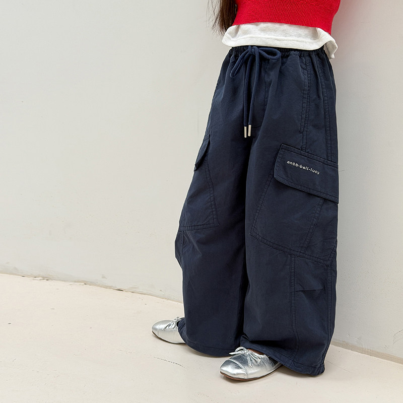 Yumi妈儿童春夏款女童韩版宽松休闲街头字母口袋工装裤潮26B033