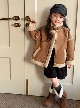 Yumi妈女童冬装仿羊羔毛机车厚外套儿童棉服保暖麂皮绒外套25H044
