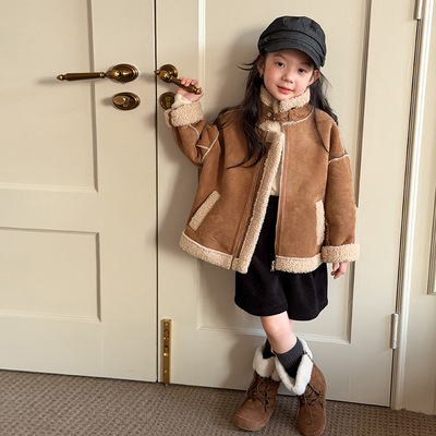 Yumi妈女童冬装羊羔毛机车棉服