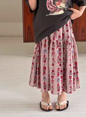 Yumi妈中大小女童文艺慵懒感大裙摆休闲度假风碎花半身裙  25E017