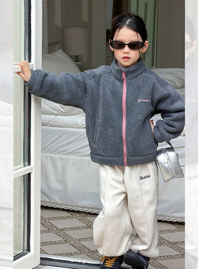 Yumi妈童装儿童冬季双面绒保暖女童韩版摇粒绒保暖立领外套25M063