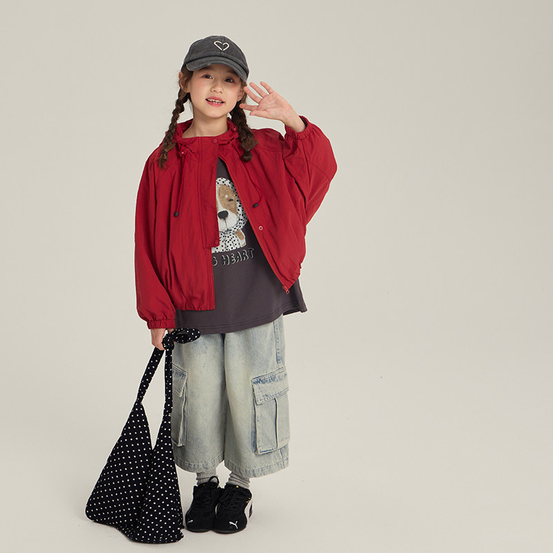 Yumi妈女童休闲连帽夹克外套秋装儿童户外冲锋衣25F181