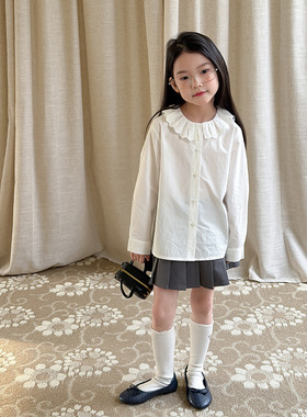 Yumi妈女童学院风气质衬衣儿童莱赛尔棉甜美蕾丝花边白衬衫26A154