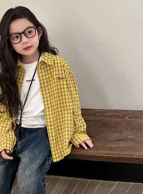 Yumi妈男女童秋季韩系格子衬衫儿童刺绣字母翻领衬衣 25G060