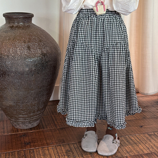 Yumi妈女童秋装 25F025 设计感洋气甜美格子花边儿童半身裙子
