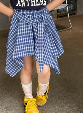 Yumi妈女童潮酷不规则街舞短裙儿童时髦格子衬衫半身裙 25D181