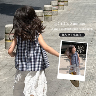 2025夏季新品童装女童宝宝森系棉布无袖衬衫格子背心上衣25C069