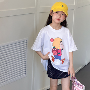 Yumi妈女童宽松短袖儿童童休闲半袖韩范宽松卡通可爱T恤潮26C042