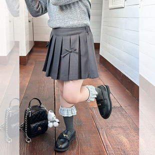 Yumi妈儿童防走光辣妹短裙秋装女童立体蝴蝶结百褶裙25F035